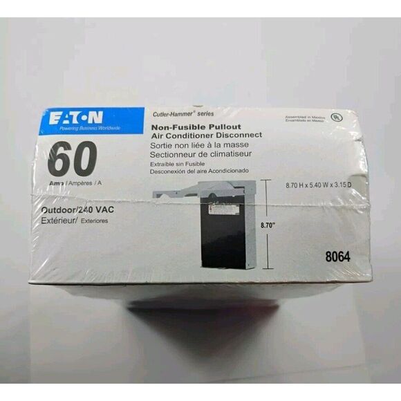 Eaton 8064 Non-Fusible Pullout AC Disconnect Outdoor 60A 240VAC 1Phase 2Wire - Picture 4 of 14